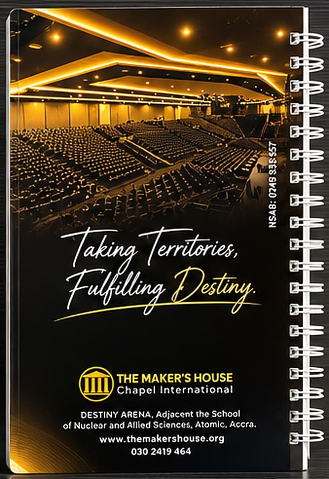 Back of the same notebook: a lit auditorium, a hand-lettered tagline in white and gold, the church's gold logo and its address and phone number.