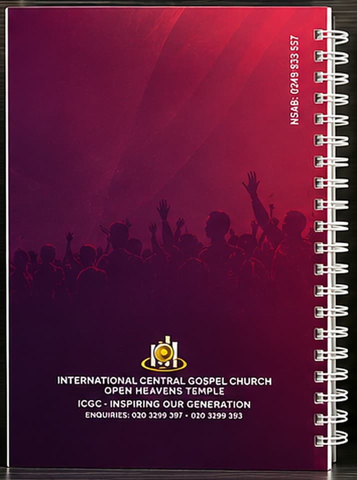 Back of a plum wire-bound notebook with a faint silhouette of a worshipping crowd, a small gold crest and the church name and enquiry numbers near the bottom.
