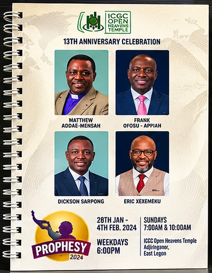 Front of a cream wire-bound notebook titled 13th Anniversary Celebration, with portraits of four men in a two-by-two grid, a gold Prophesy 2024 badge, the dates 28 January to 4 February 2024 and the Sunday and weekday service times.