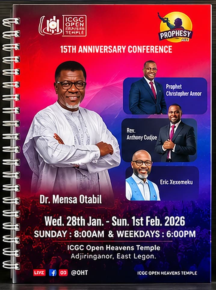 Front of a red and violet wire-bound notebook titled 15th Anniversary Conference, with a smiling man in a white outfit on the left, three men in suits in framed panels on the right, and the dates 28 January to 1 February 2026 with service times below.