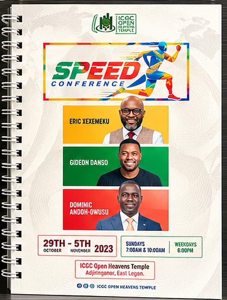 Front of a cream wire-bound notebook titled Speed Conference with a multicoloured running figure, three men on yellow, green and red bands, and the dates 29 October to 5 November 2023 with service times in boxes below.