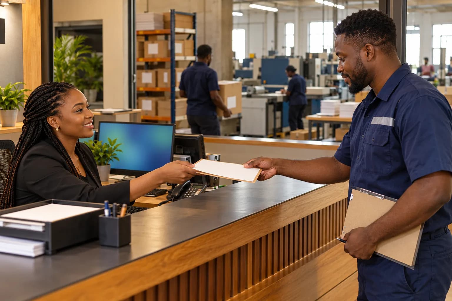 A receptionist at a print-works front desk hands a job sheet to a man in navy overalls, with the production floor and stock shelves behind them.