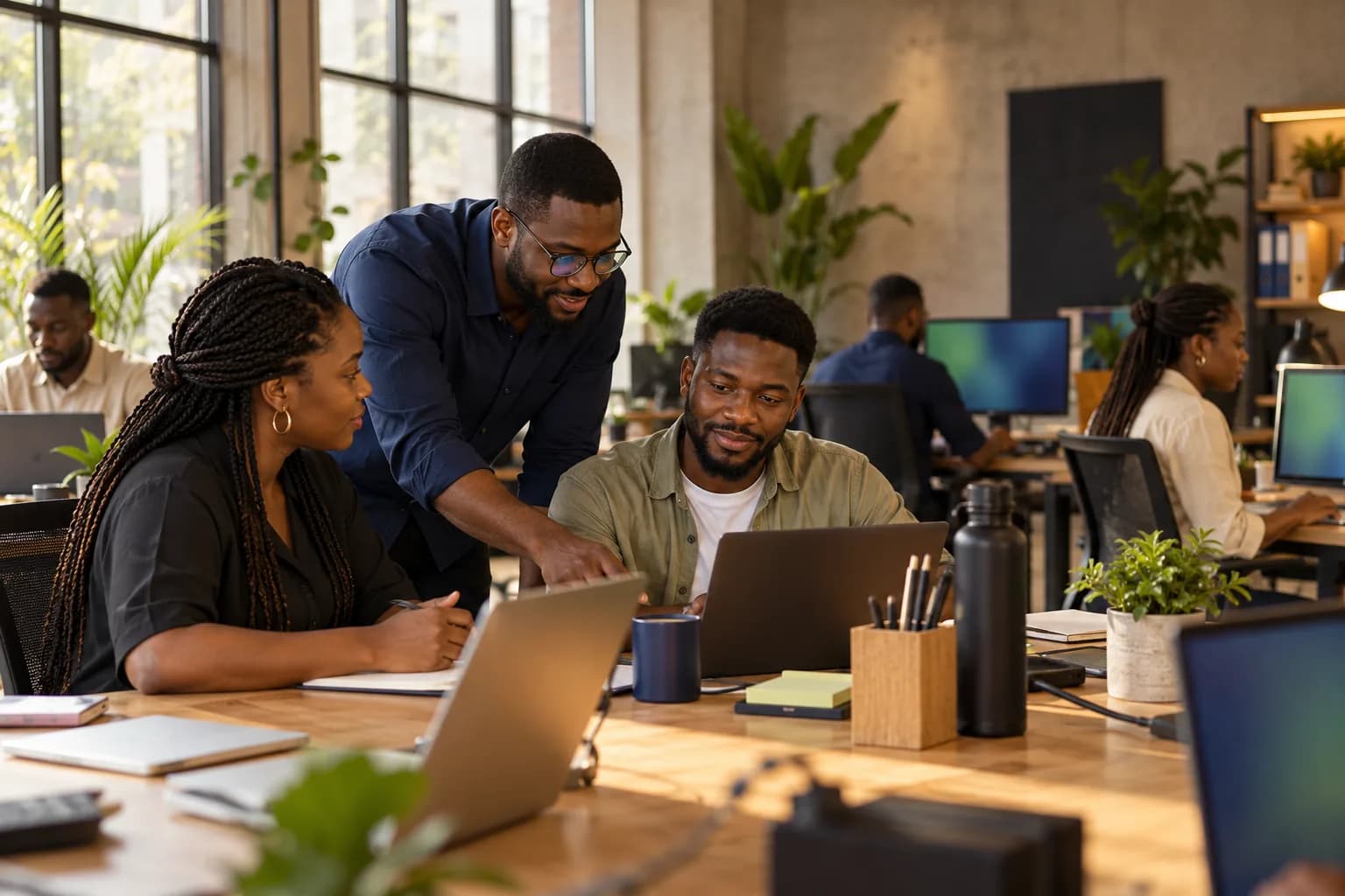 Three colleagues gather round a laptop at a long shared desk in a bright co-working office with plants and large windows.