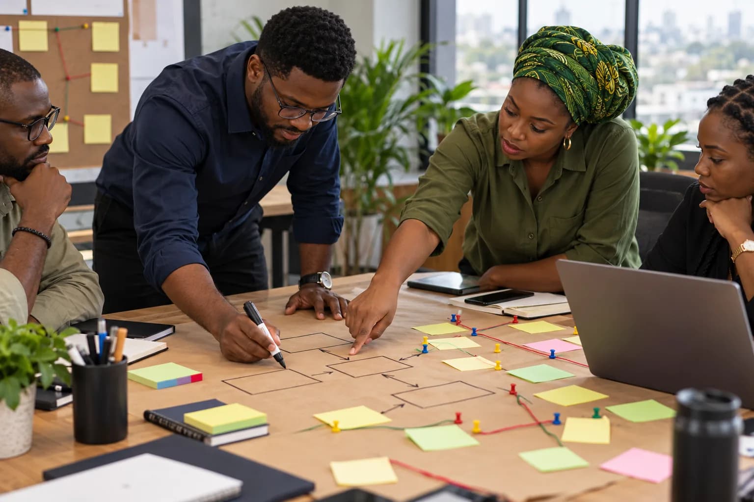 A team of four maps a process on brown paper covered in sticky notes and pinned string, around an office table with laptops.