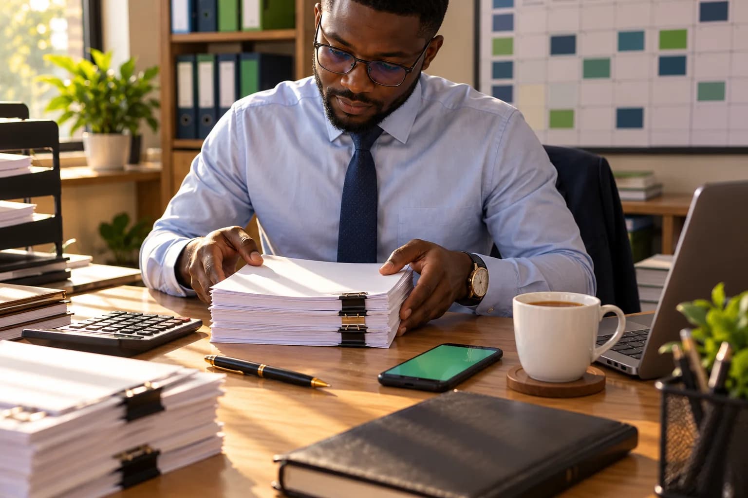 An accountant in shirt and tie works through bound ledgers at a sunlit desk, with a calculator, a phone, a laptop and a coffee cup beside him.