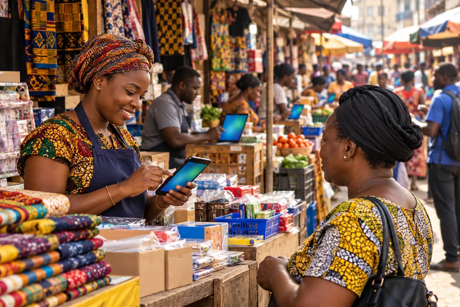 A trader in a head wrap and print apron takes payment on a tablet from a customer at a busy open-air market stall stacked with wax-print fabric.