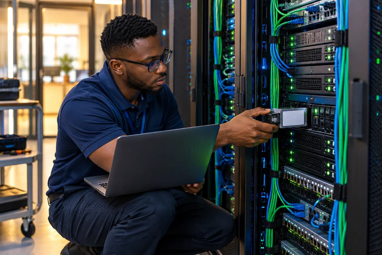 A technician with a laptop on his knee crouches at an open server rack, connecting a cable among rows of green and blue network leads.